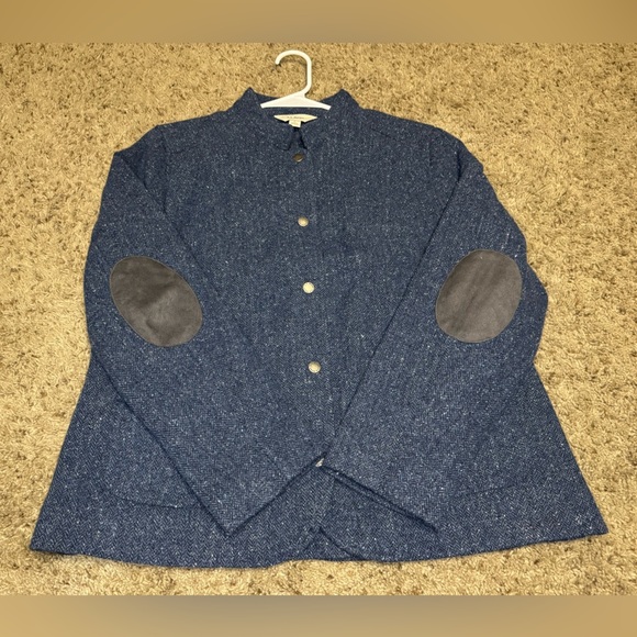 L.L. BEAN Stonington Gray Blue Herringbone Italian Tweed Jacket Elbow Patches L - Picture 3 of 11